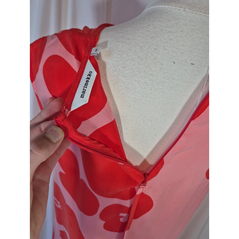 Marimekko Migot Kevättalkoot Cupro Dress Pink Red Floral 36 US 4 6 New - Picture 9 of 9